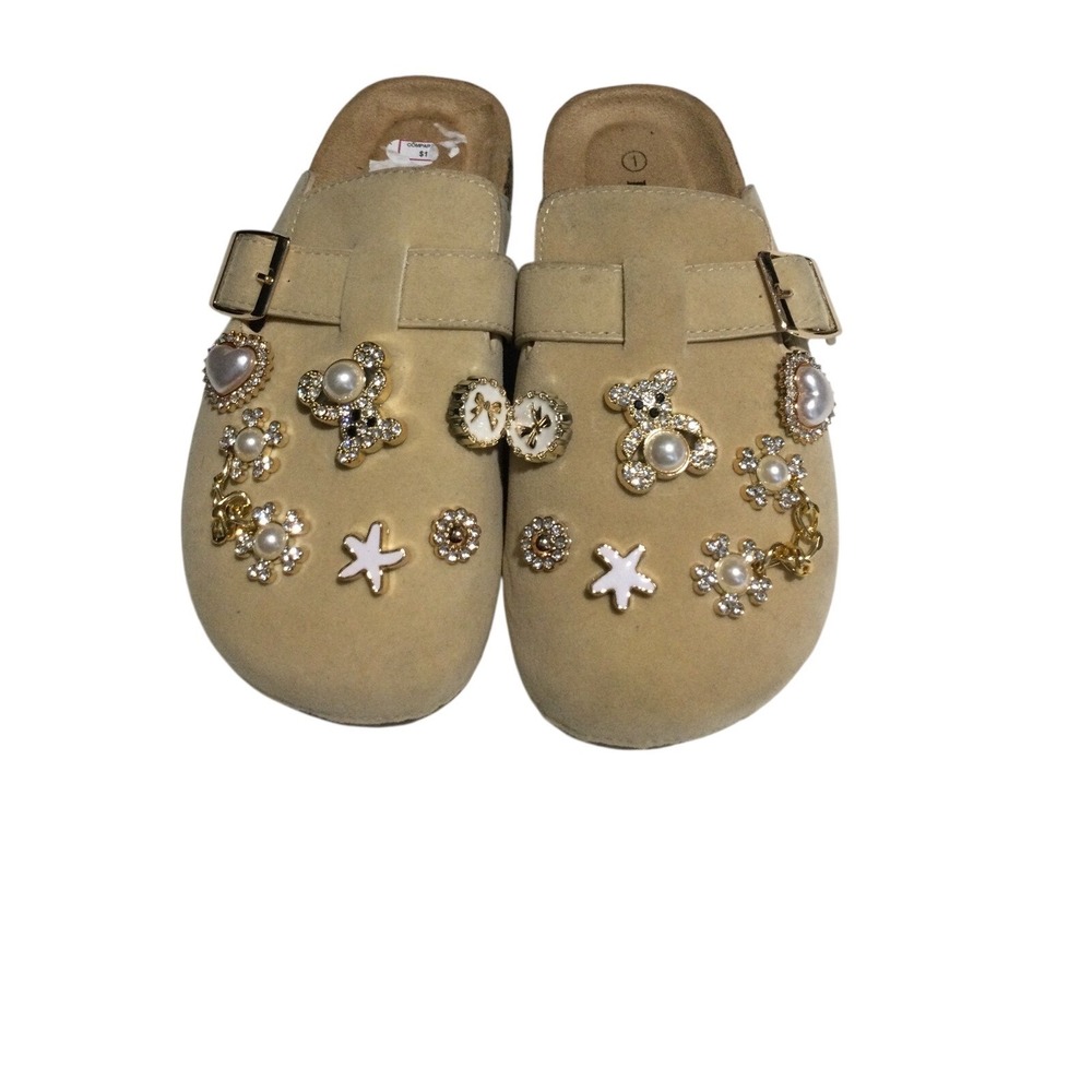 Link Tan Faux Suede Embellished Clogs Mules Teddy Bear Pearl Rhinestone Size 1